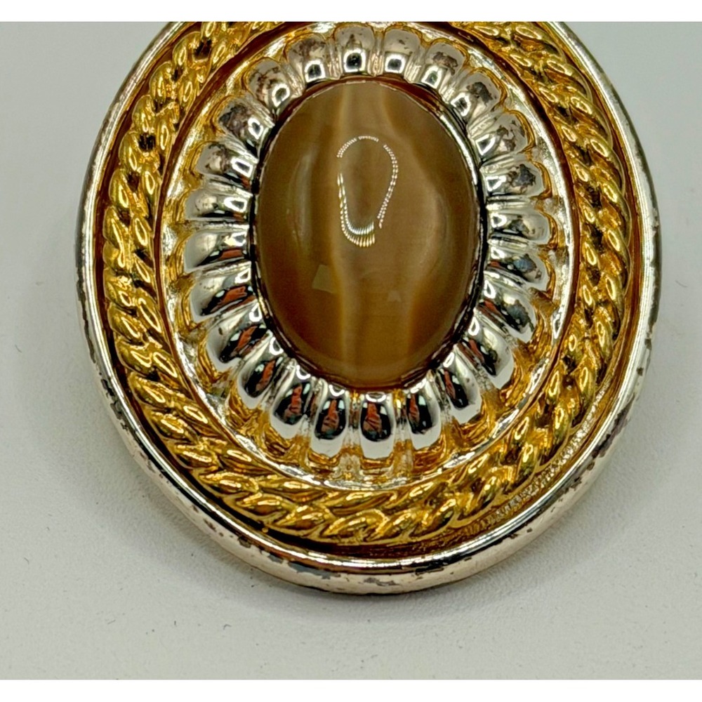 Vintage Gold and Silver Tone Scarf Clip Rope Style Border Tiger's Eye Stone